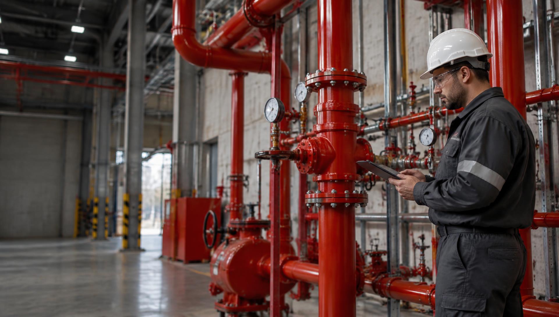 Engenheiro de segurança inspecionando sistema industrial de combate a incêndio
